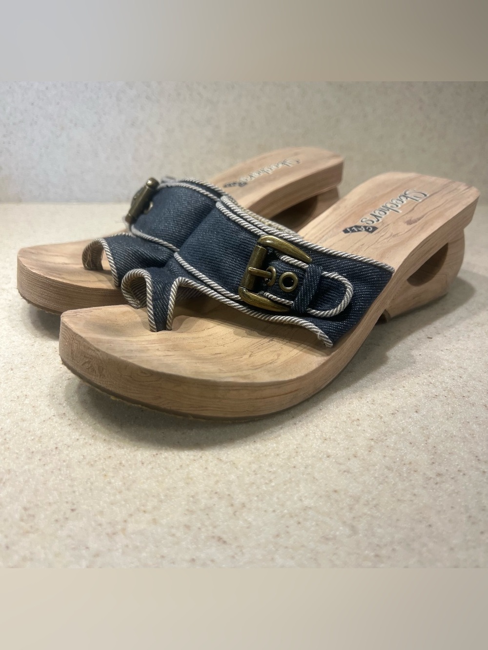 Sketchers Vintage Y2K Blue Denim Platform Cut Out Slide Sandals Buckle Sz 7